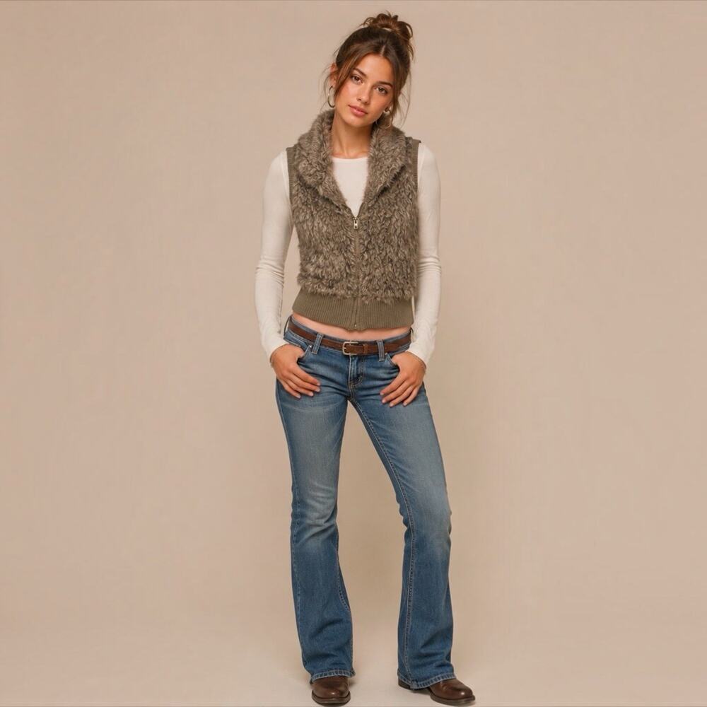 Arizona Jeans Womens Y2K Faux Fur Shawl Collar Zip Up Vest Brown Rustic Boho S